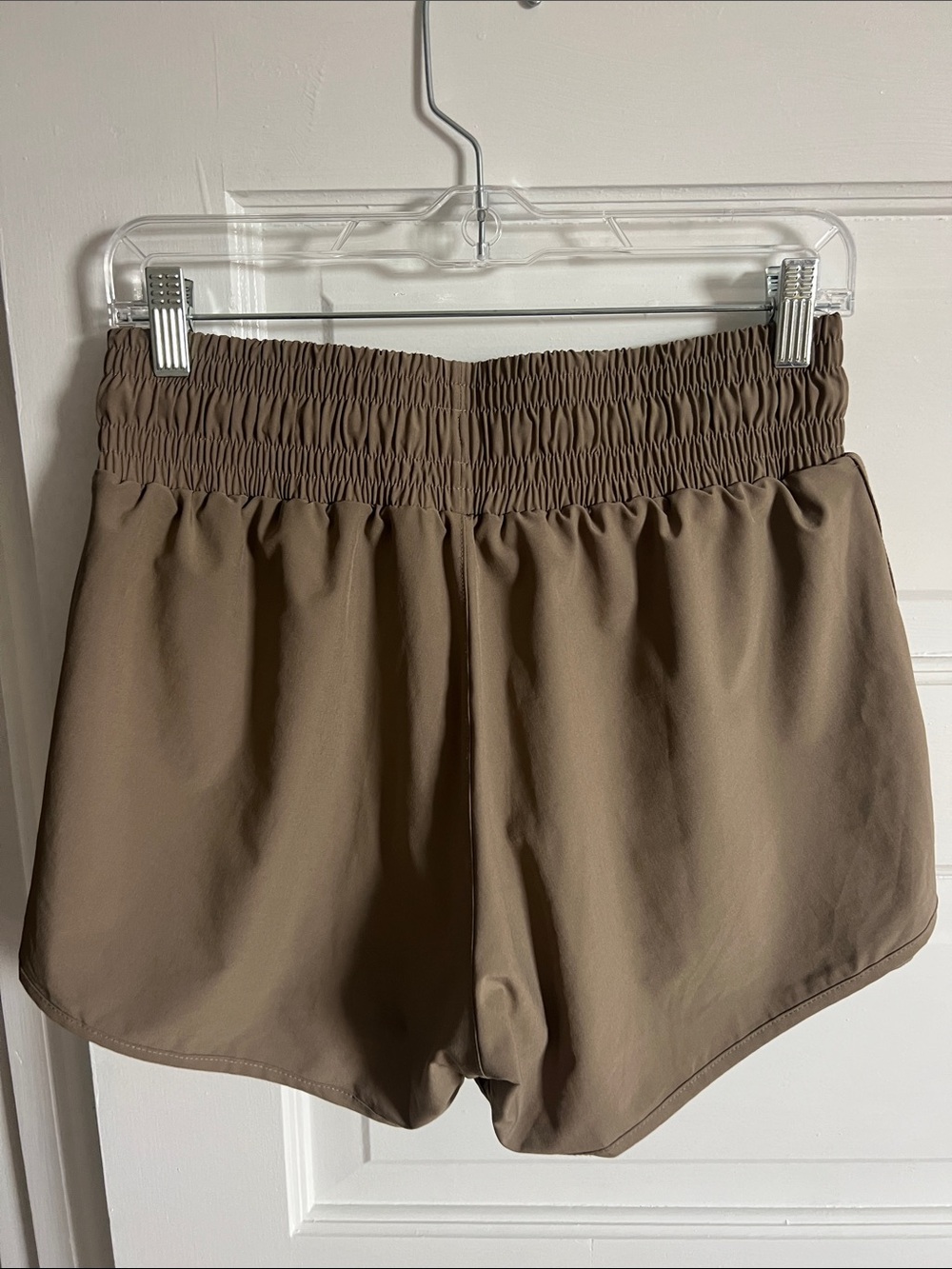 Women's Taupe Athletic Drawstring Shorts with Smocked Waist - Picture 3 of 4